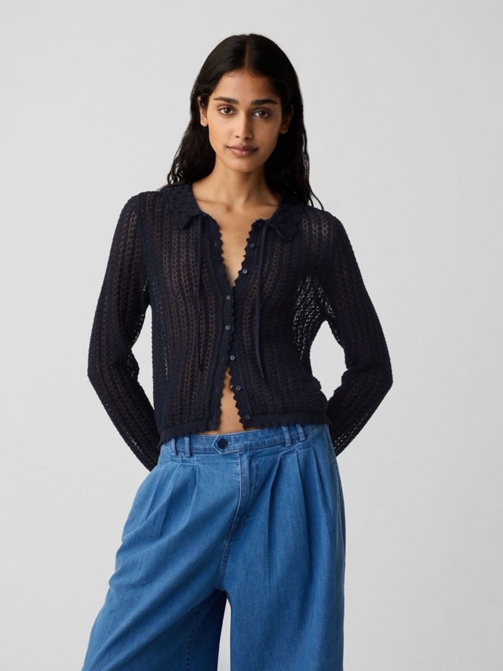 NWT Gap x Doen Navy Linen Blend Open-Knit Button-Front Cardigan Size Small S